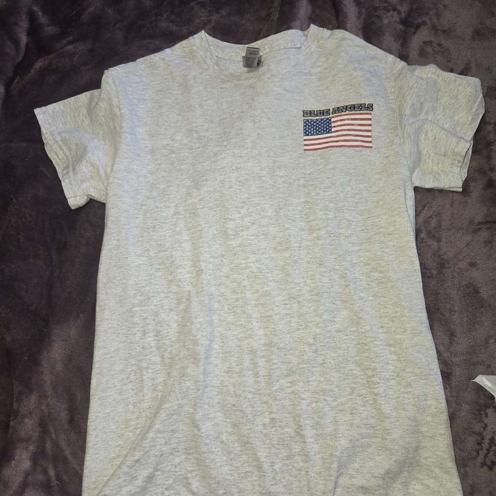 Vintage Kids Small Gray Short Sleeve Blue Angels Tee with American Flag Print